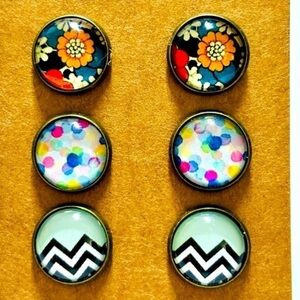 3 Pairs of 12mm Glass Cabochon Printed Stud Earrings, NWT, Handmade, Unworn